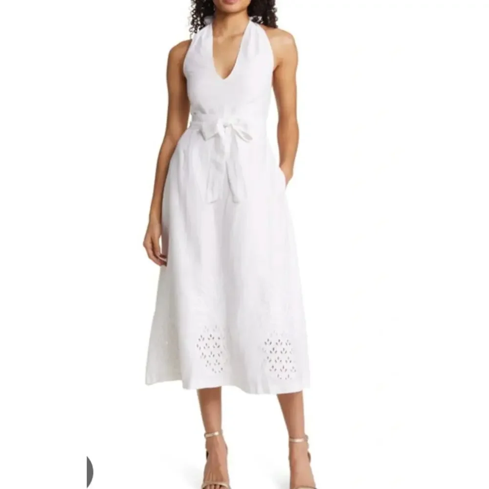 Tommy Bahama Pineapple Embroidered Halter Linen Midi Dress Sz 4, White | NEW$188 - Picture 2 of 6